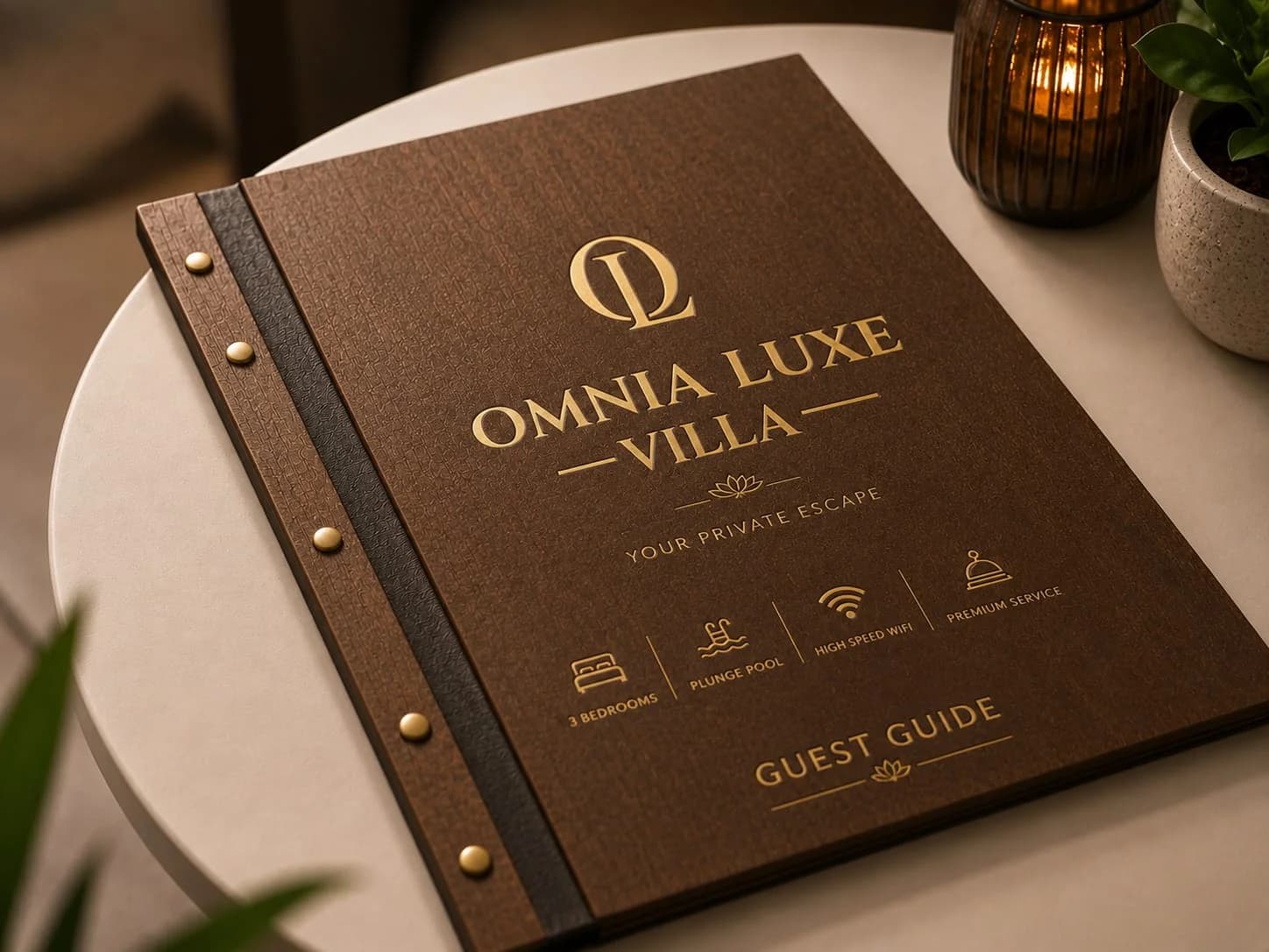 Embossed leather Omnia Luxe Villa guest guide on a side table, candle-lit