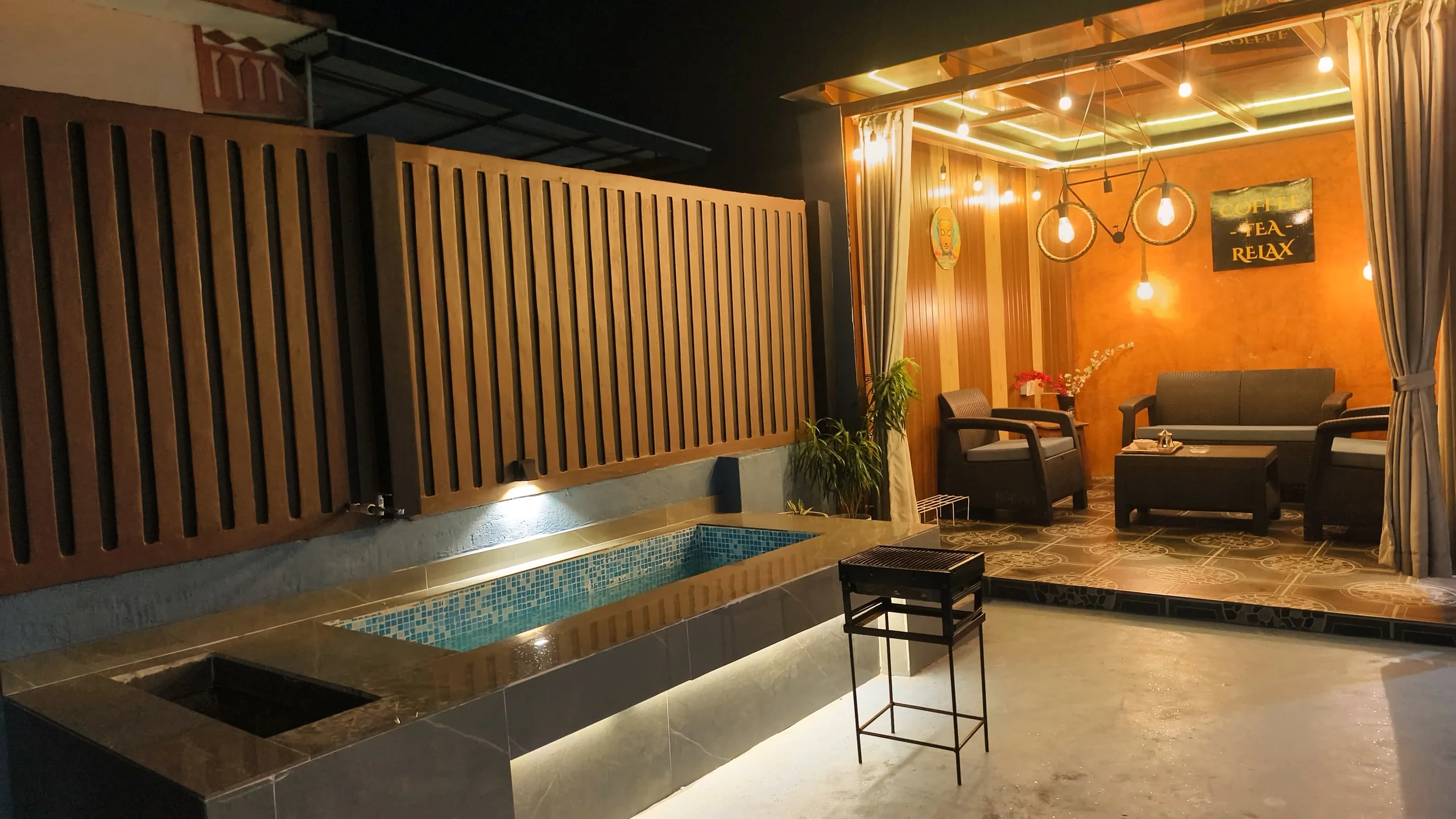 Rooftop pergola sky lounge with heated plunge pool at Omnia Luxe Villa, Damak