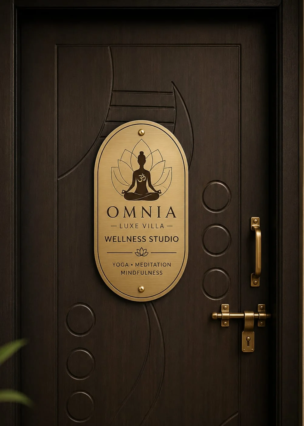 Brass Omnia wellness studio plaque on carved door